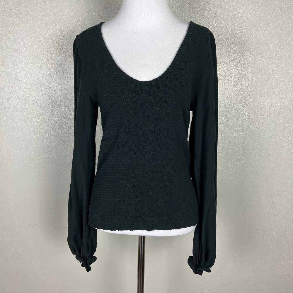 Nation LTD Top Women XL Black Smocked Pima Cotton Long Puff Sleeve V-Neck Blouse